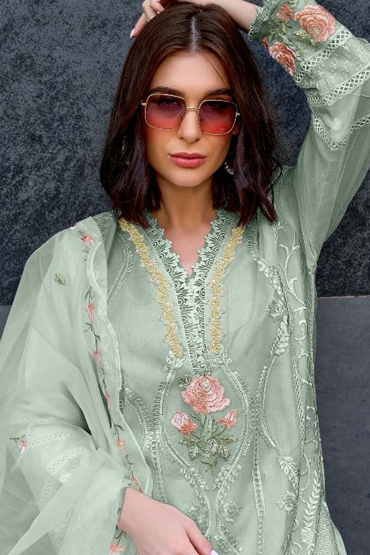 Sea Green Colour Semi Stitched Organza Pakistani Suit