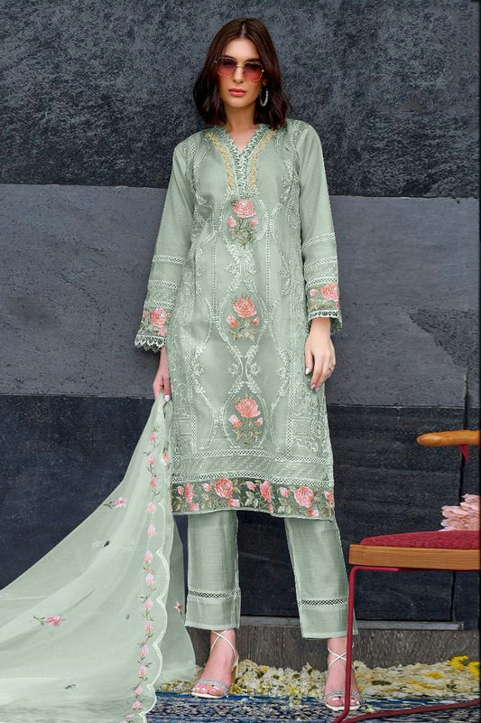 Sea Green Colour Semi Stitched Organza Pakistani Suit