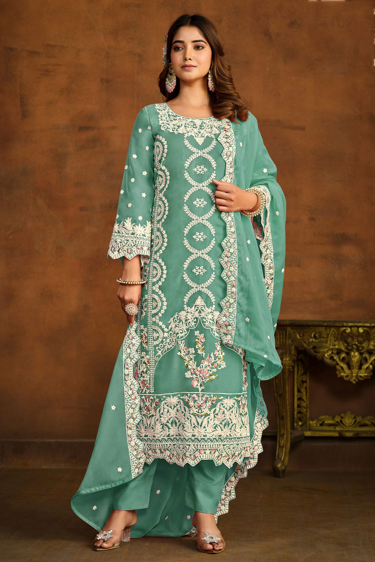 Sea Green Colour Semi Stitched Organza Pant Style Suit