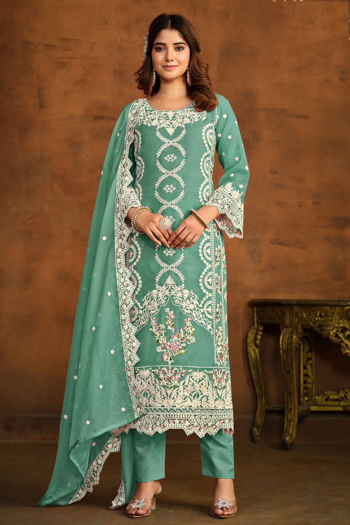 Sea Green Colour Semi Stitched Organza Pant Style Suit