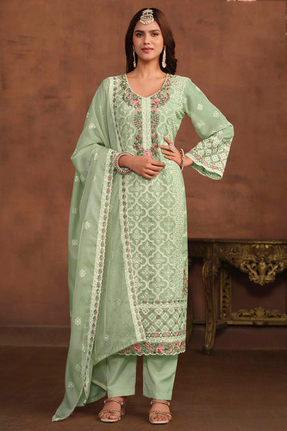 Sea Green Colour Semi Stitched Organza Pant Style Suit