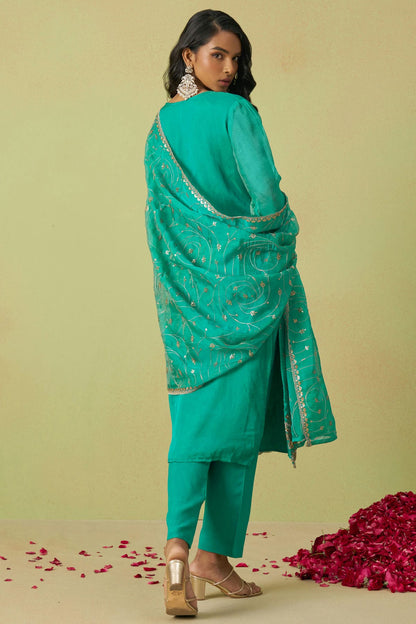 Sea Green Colour Semi Stitched Shimmer Organza Pant Style Suit VSSM1112793