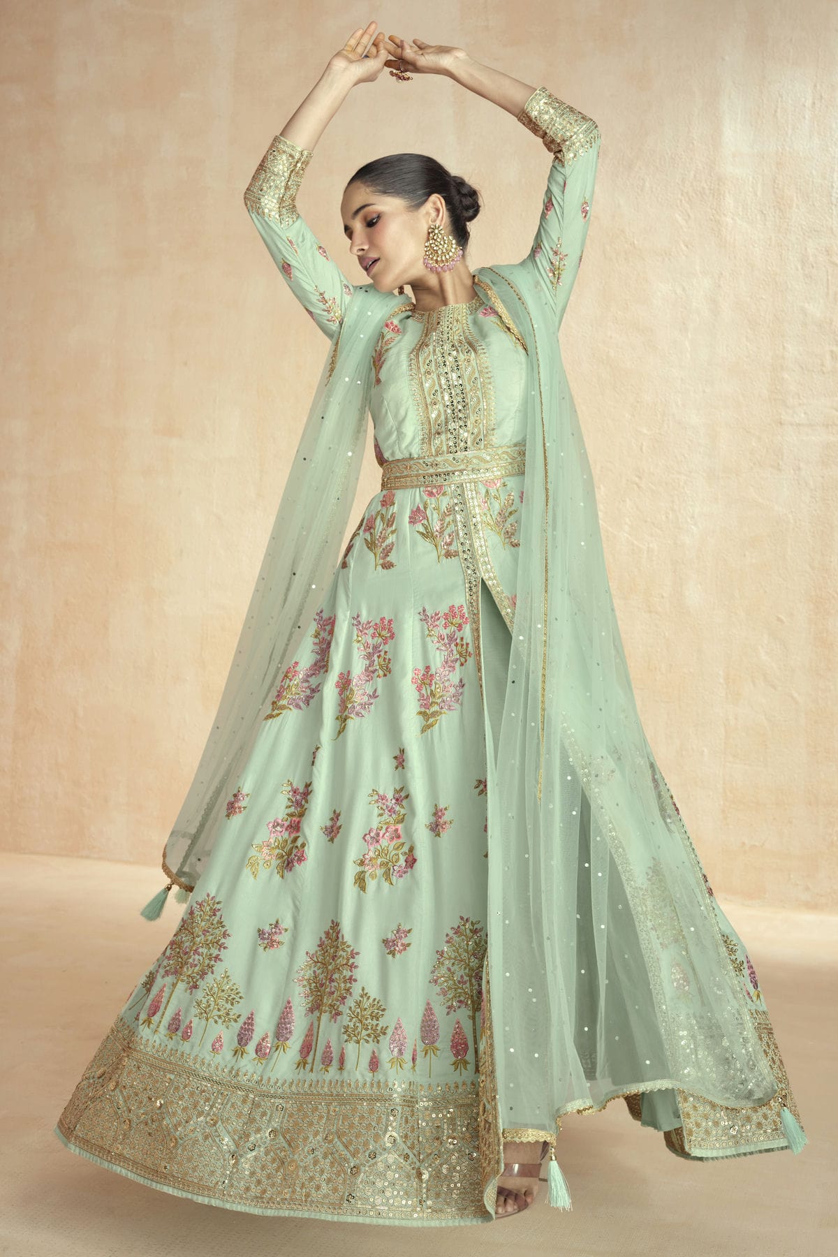 Sea Green Colour Semi Stitched Silk Pant Style Suit