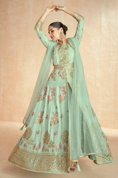 Sea Green Colour Semi Stitched Silk Pant Style Suit