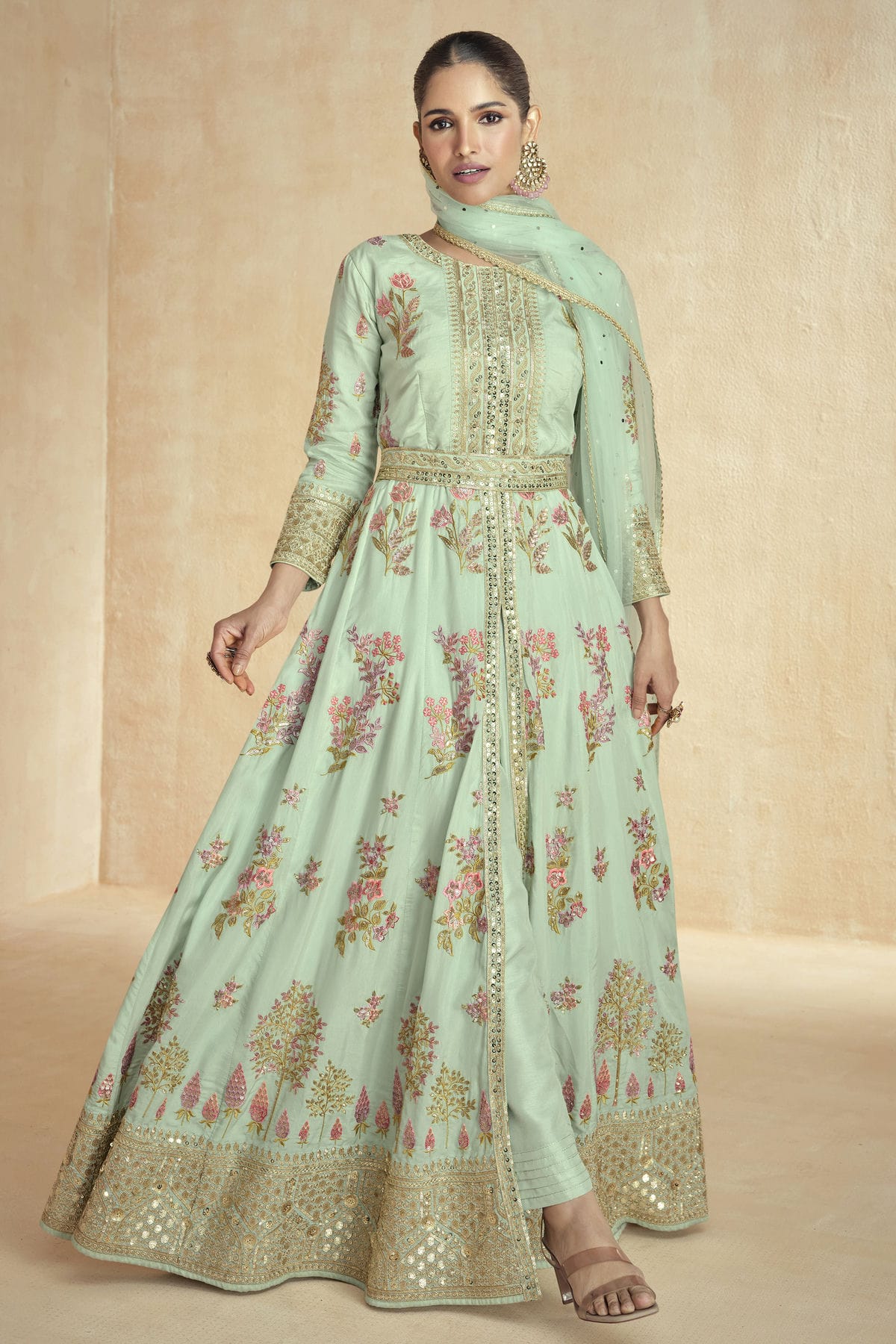 Sea Green Colour Semi Stitched Silk Pant Style Suit