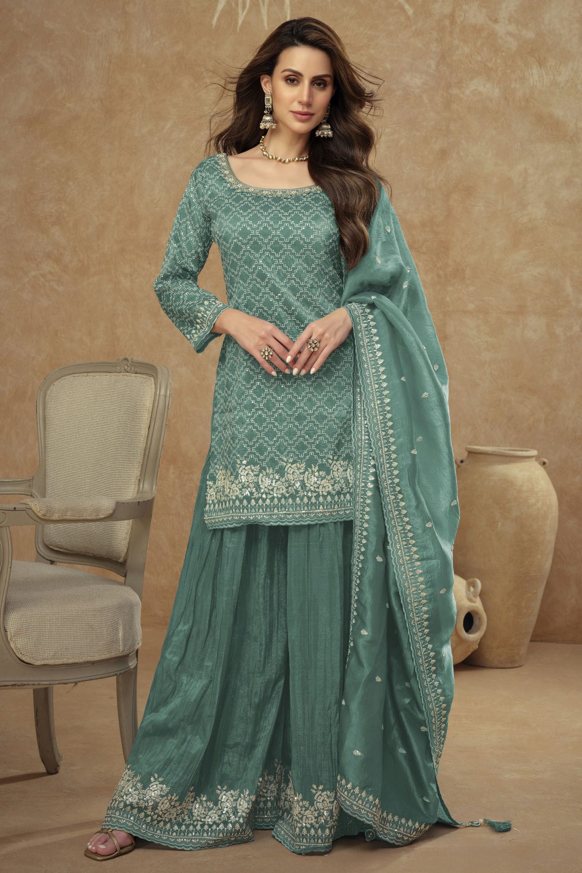 Sea Green Colour Silk Palazzo Pant Suit