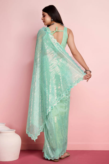 Sea Green Colour Silver Twill Net Saree