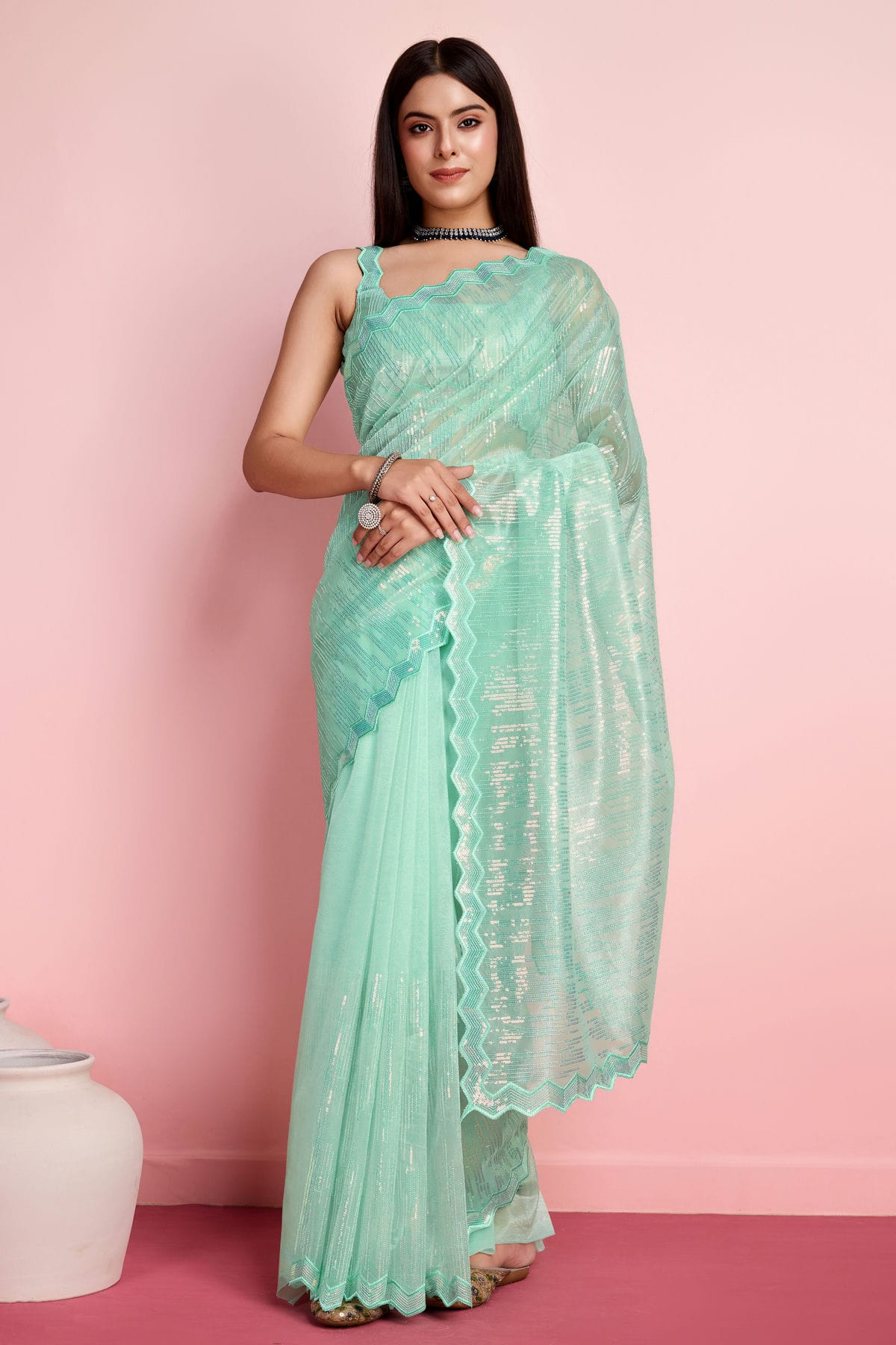 Sea Green Colour Silver Twill Net Saree