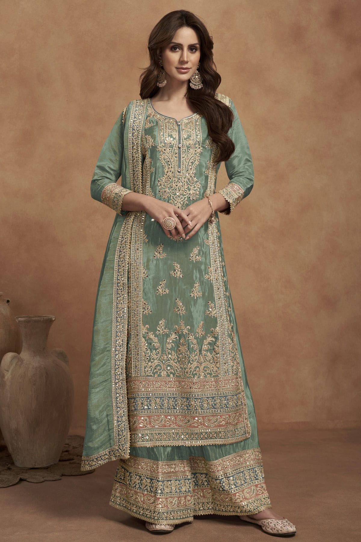 Sea Green Colour Simar Silk Palazzo Pant Suit