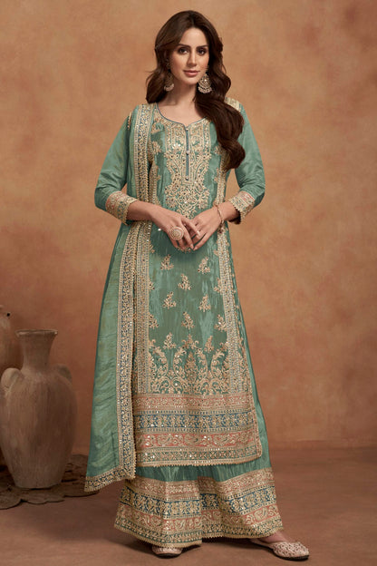 Sea Green Colour Simar Silk Palazzo Pant Suit