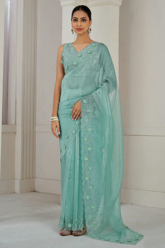 Sea Green Colour Soft Organza Designer Saree