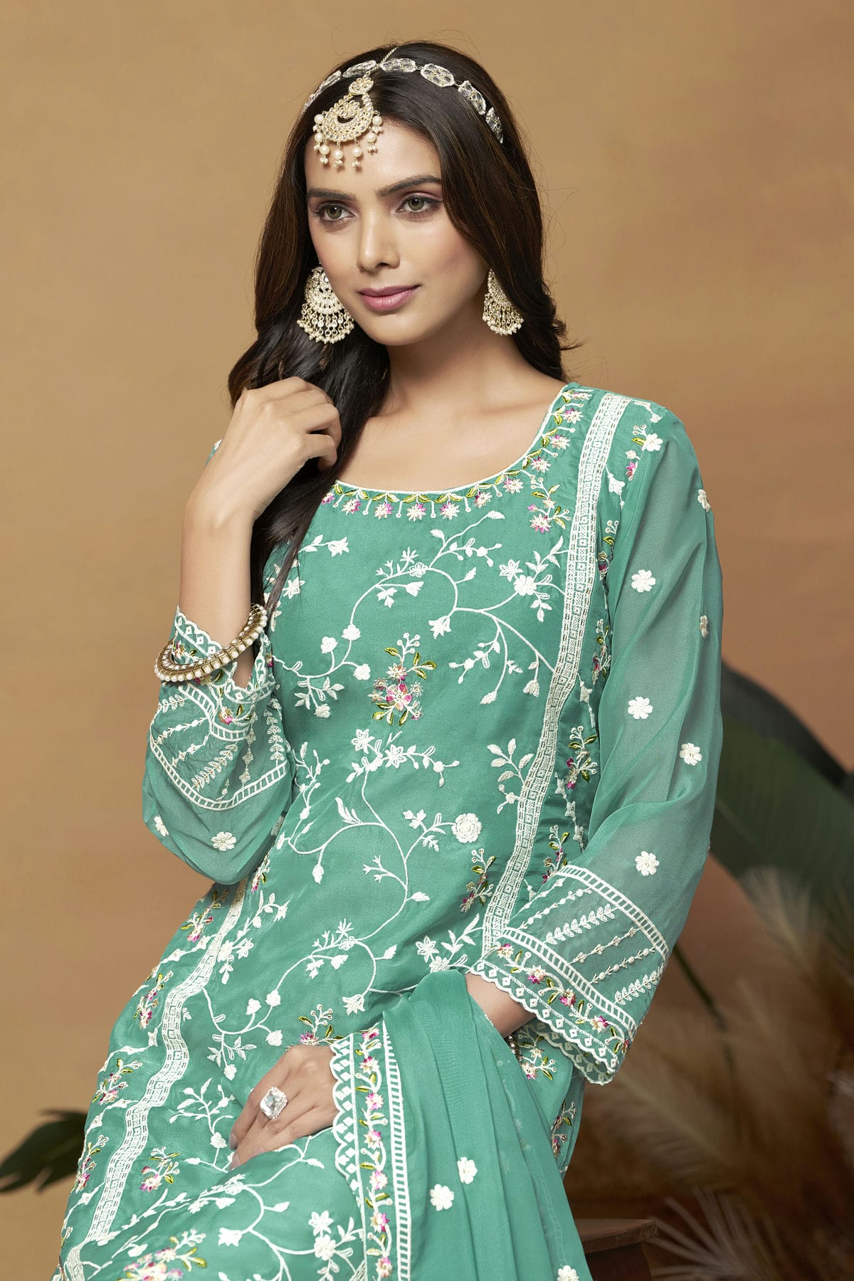 Sea Green Colour Straight Suit Soft Organza Semi Stitched