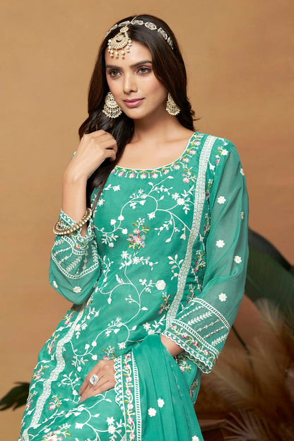 Sea Green Colour Straight Suit Soft Organza Semi Stitched