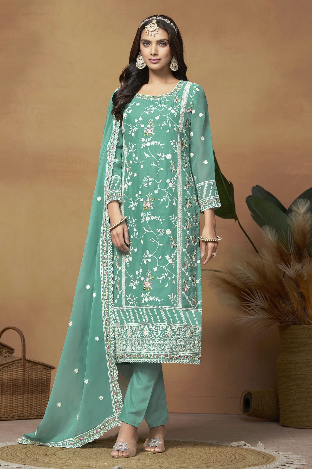 Sea Green Colour Straight Suit Soft Organza Semi Stitched