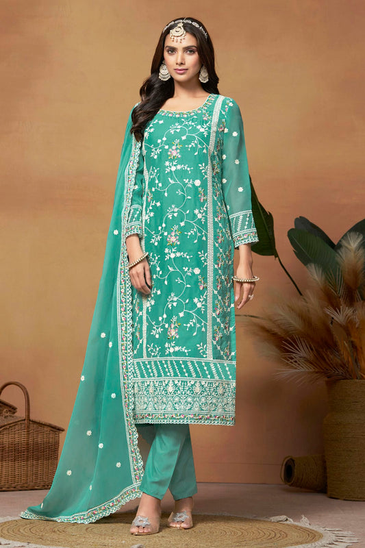 Sea Green Colour Straight Suit Soft Organza Semi Stitched