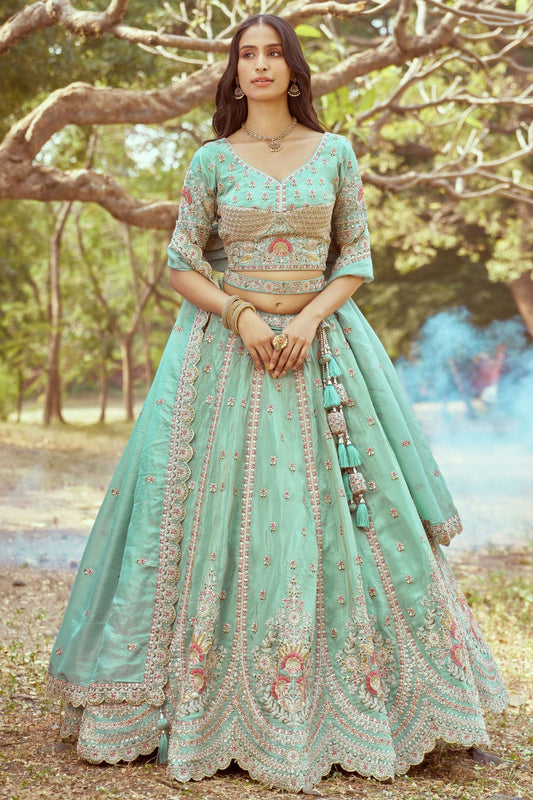 Sea Green Colour Tissue Embroidery Lehenga Choli