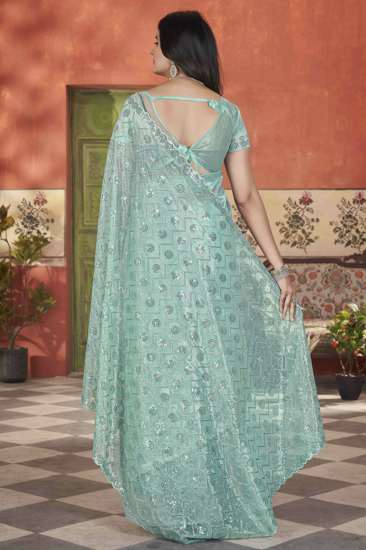 Sea Green Colour Tissue Net Designer Saree VSSD1112567