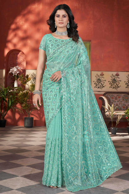 Sea-Green-Colour-Tissue-Net-Designer-Saree-VSSD1112567