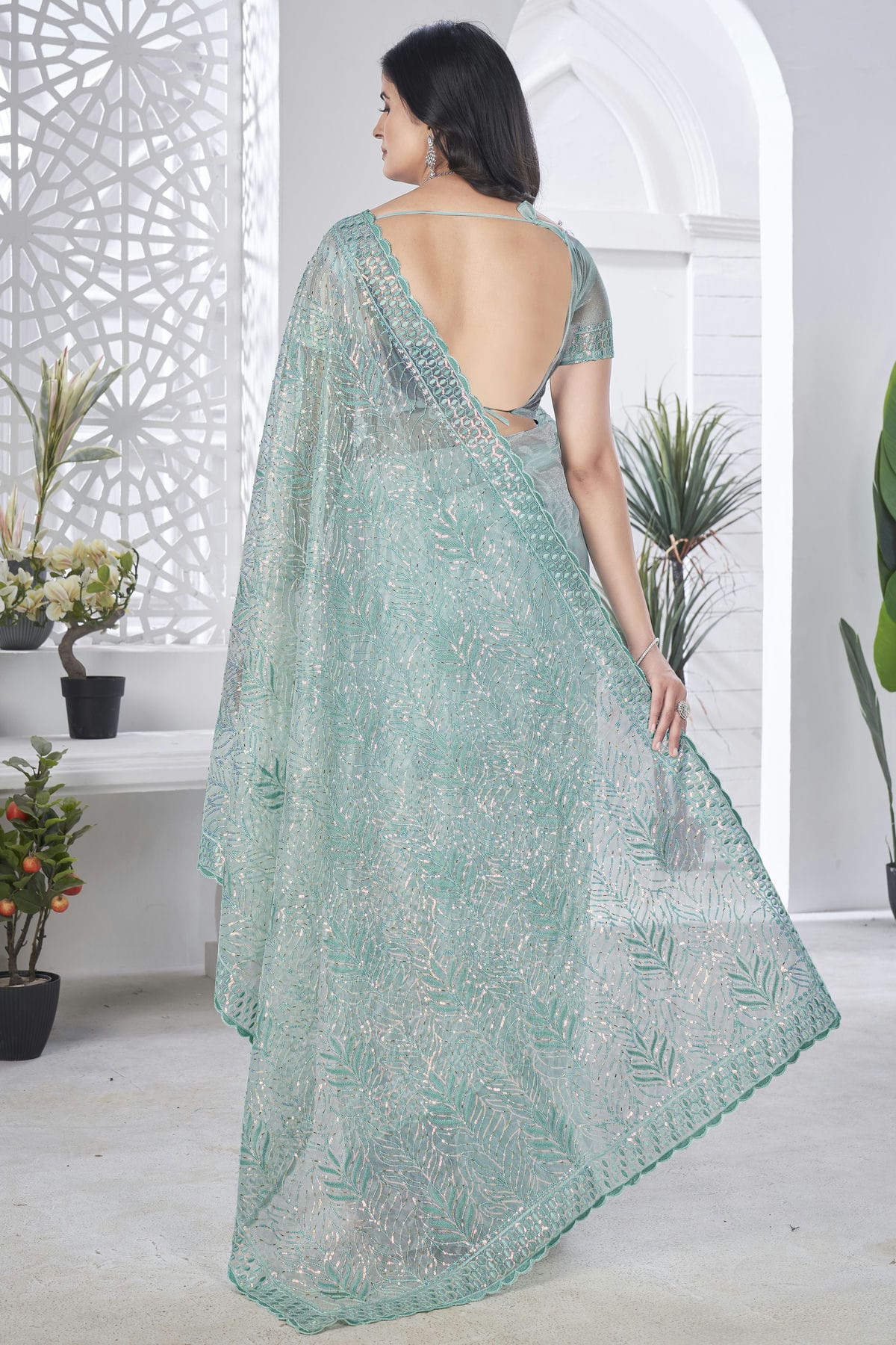 Sea Green Colour Tissue Net Designer Saree VSSD1112576