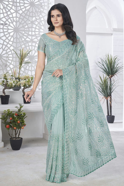 Sea-Green-Colour-Tissue-Net-Designer-Saree-VSSD1112576