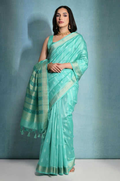 Sea Green Colour Tussar Silk Saree