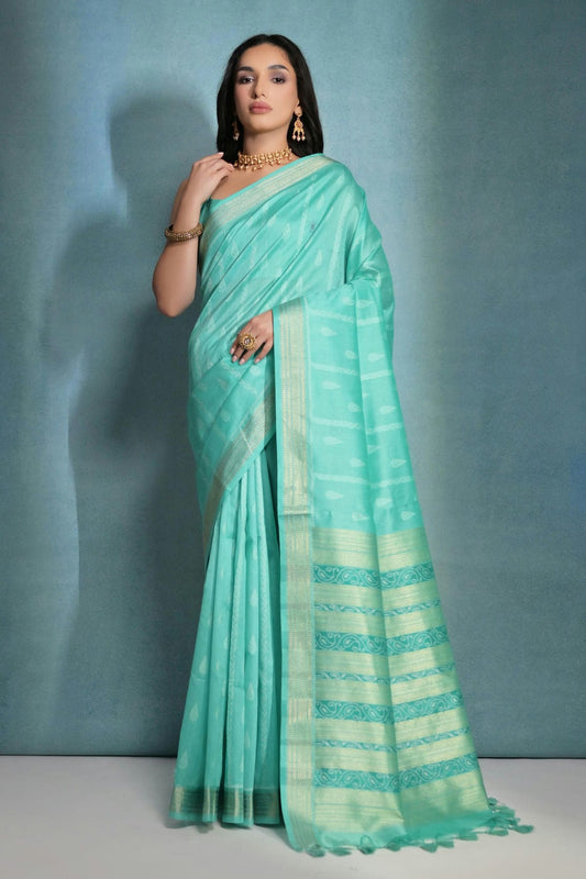 Sea Green Colour Tussar Silk Saree