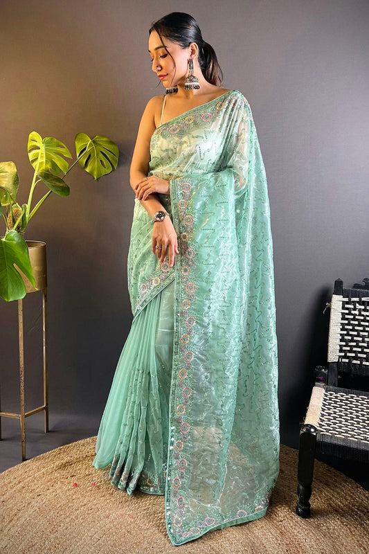 Sea Green Colour Twill Net Designer Saree