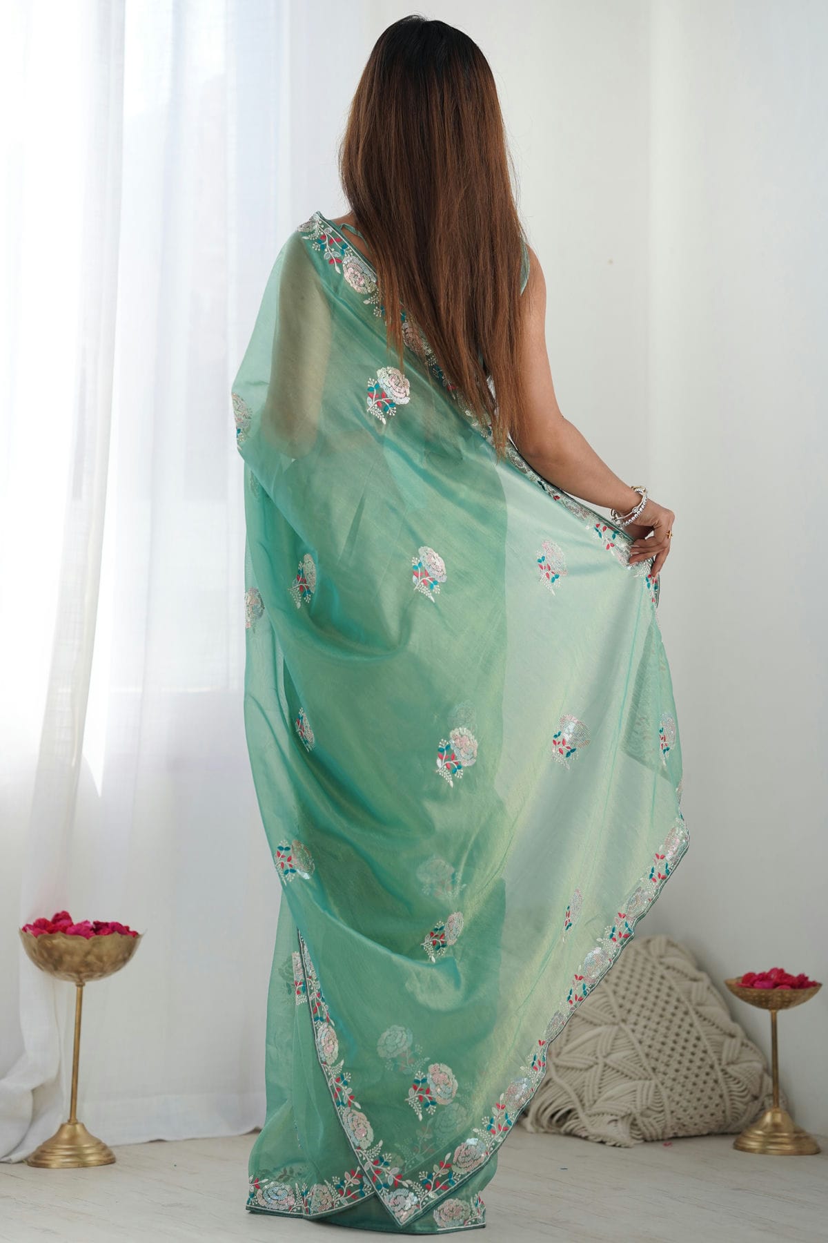 Sea Green Colour Twill Net Designer Saree