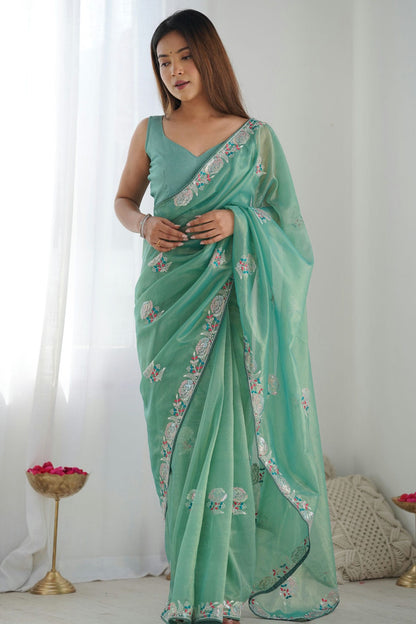 Sea Green Colour Twill Net Designer Saree