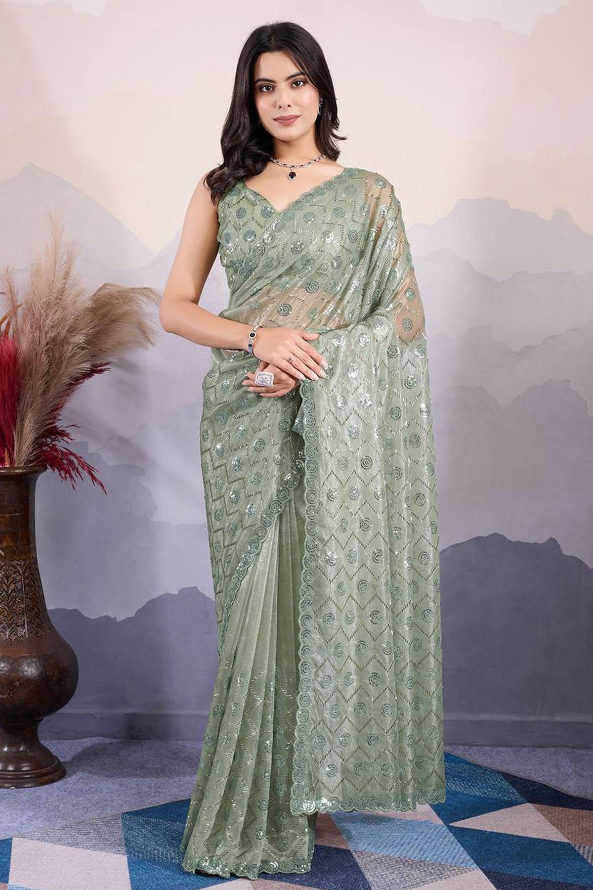 Sea Green Colour Twill Net Sequins Work Saree