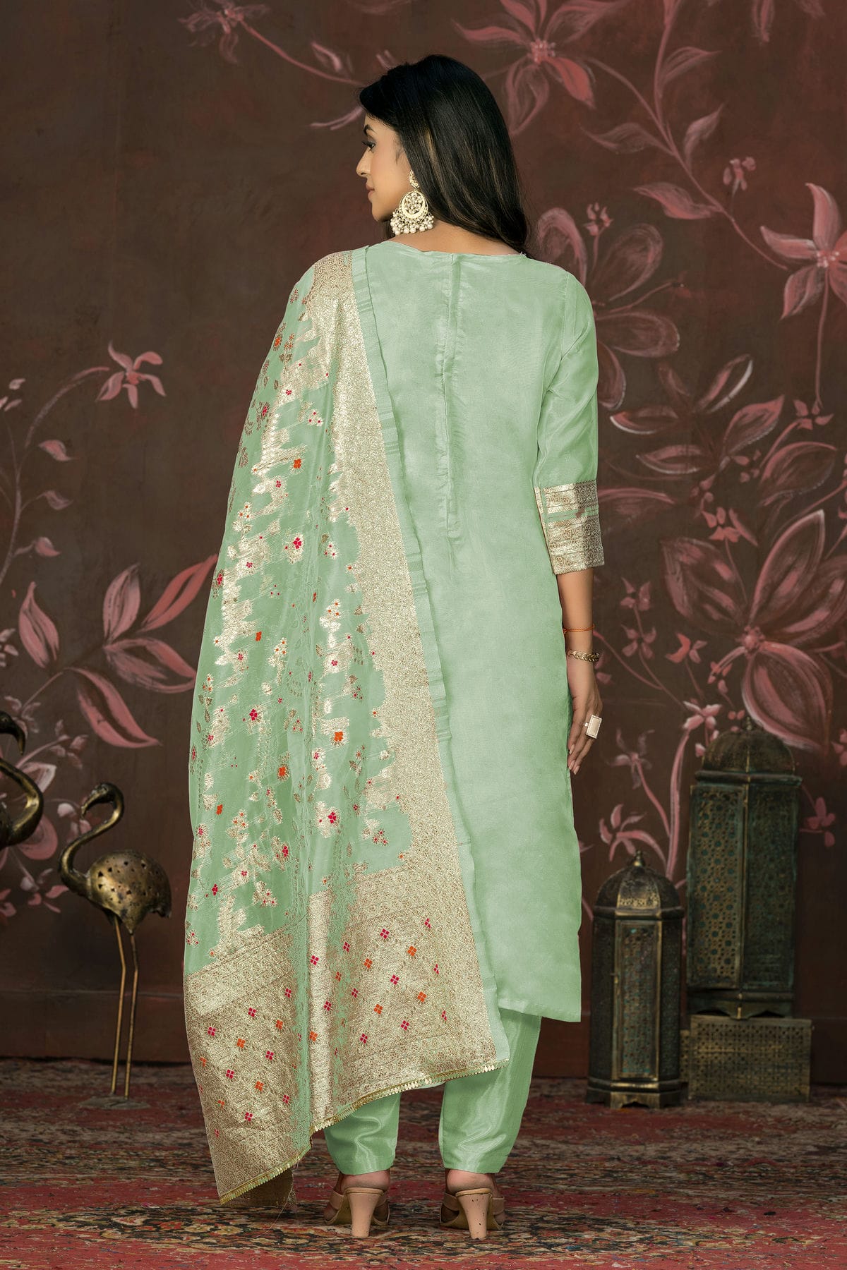 Sea Green Colour Unstitched Banarasi Jacquard Straight Suit