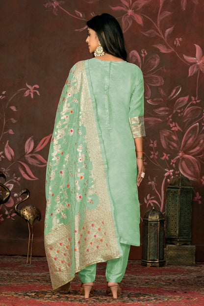 Sea Green Colour Unstitched Banarasi Jacquard Straight Suit