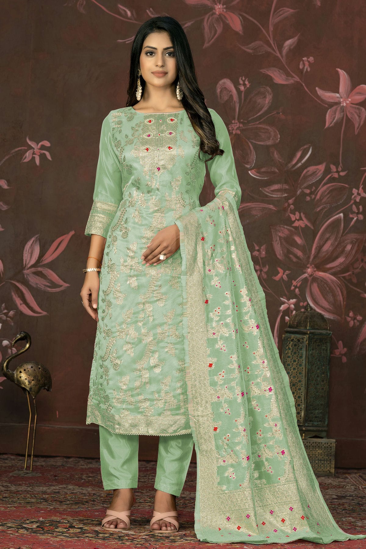 Sea Green Colour Unstitched Banarasi Jacquard Straight Suit