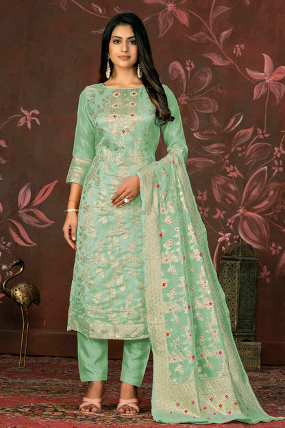 Sea Green Colour Unstitched Banarasi Jacquard Straight Suit