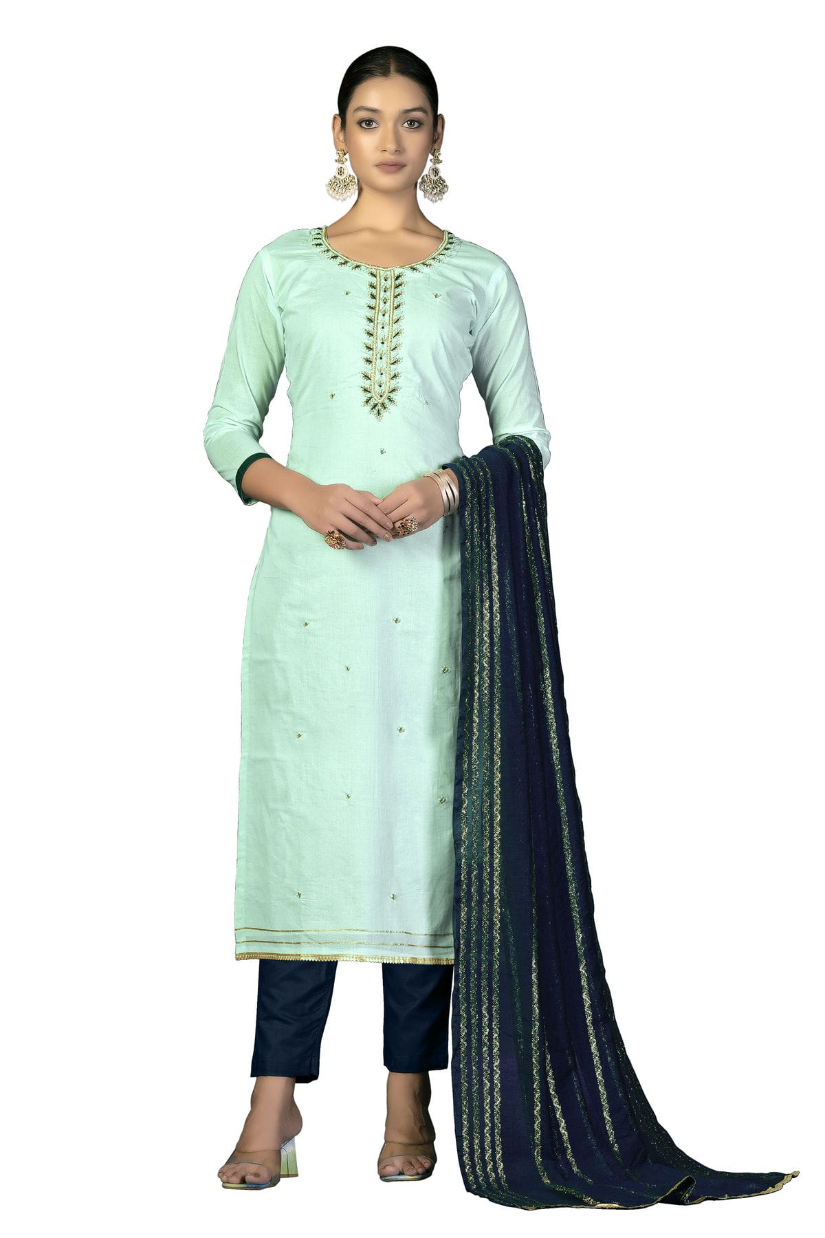 Sea Green Colour Unstitched Cambric Cotton Fabric Straight Suit