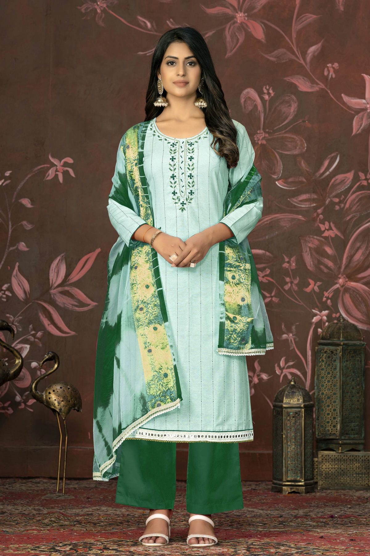 Sea Green Colour Unstitched Cambric Cotton Plazzo Pant Suit