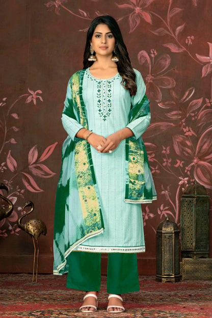 Sea Green Colour Unstitched Cambric Cotton Plazzo Pant Suit