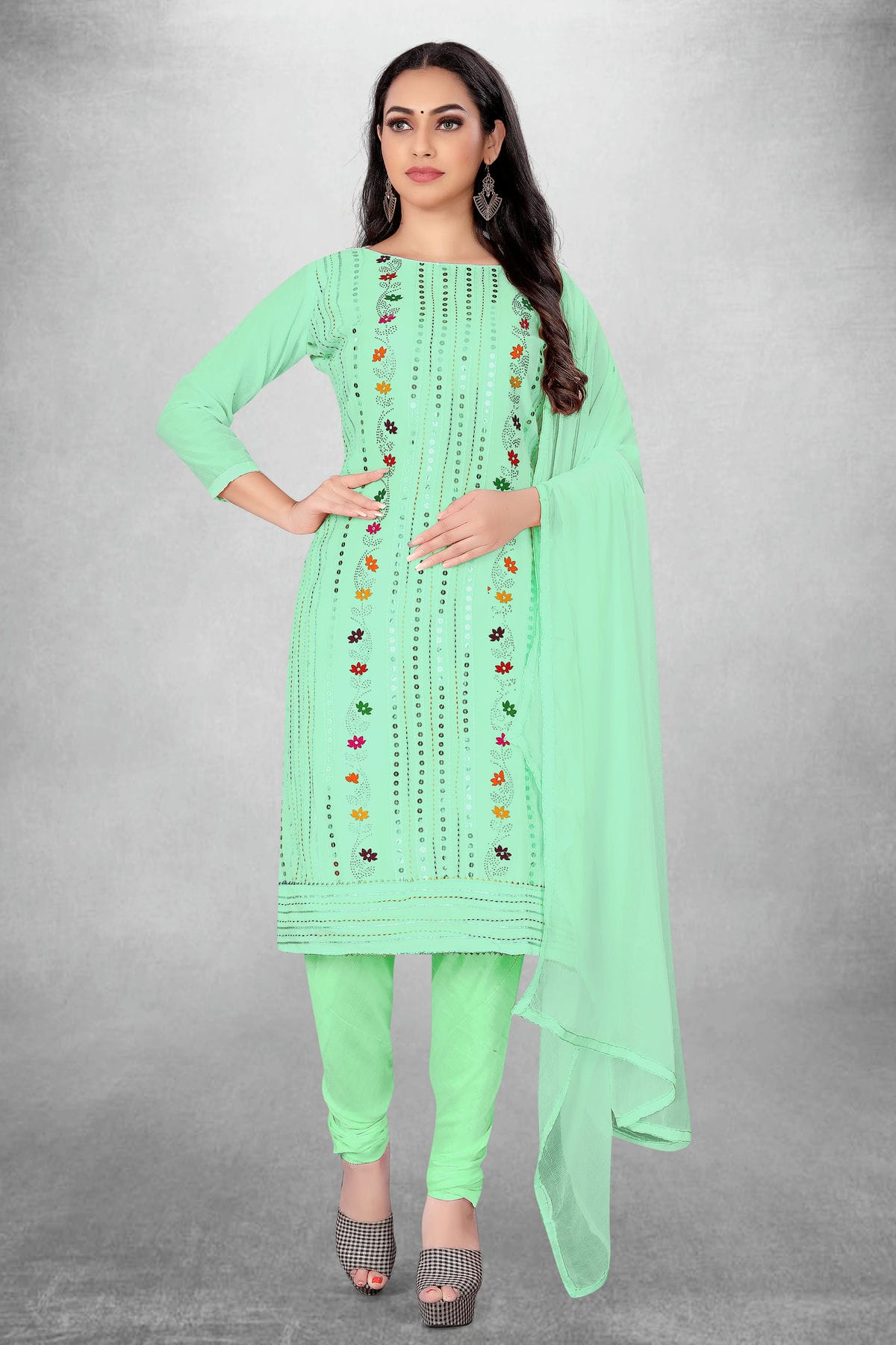 Sea Green Colour Unstitched Chanderi Cotton Churidar Suit