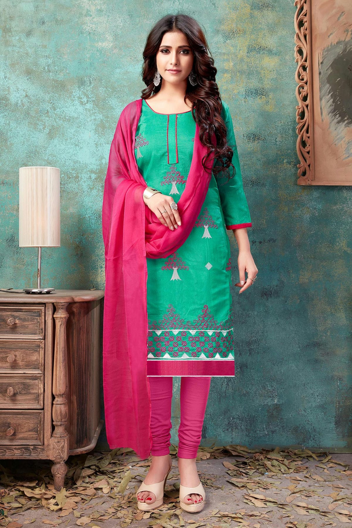 Sea Green Colour Unstitched Chanderi Cotton Churidar Suit