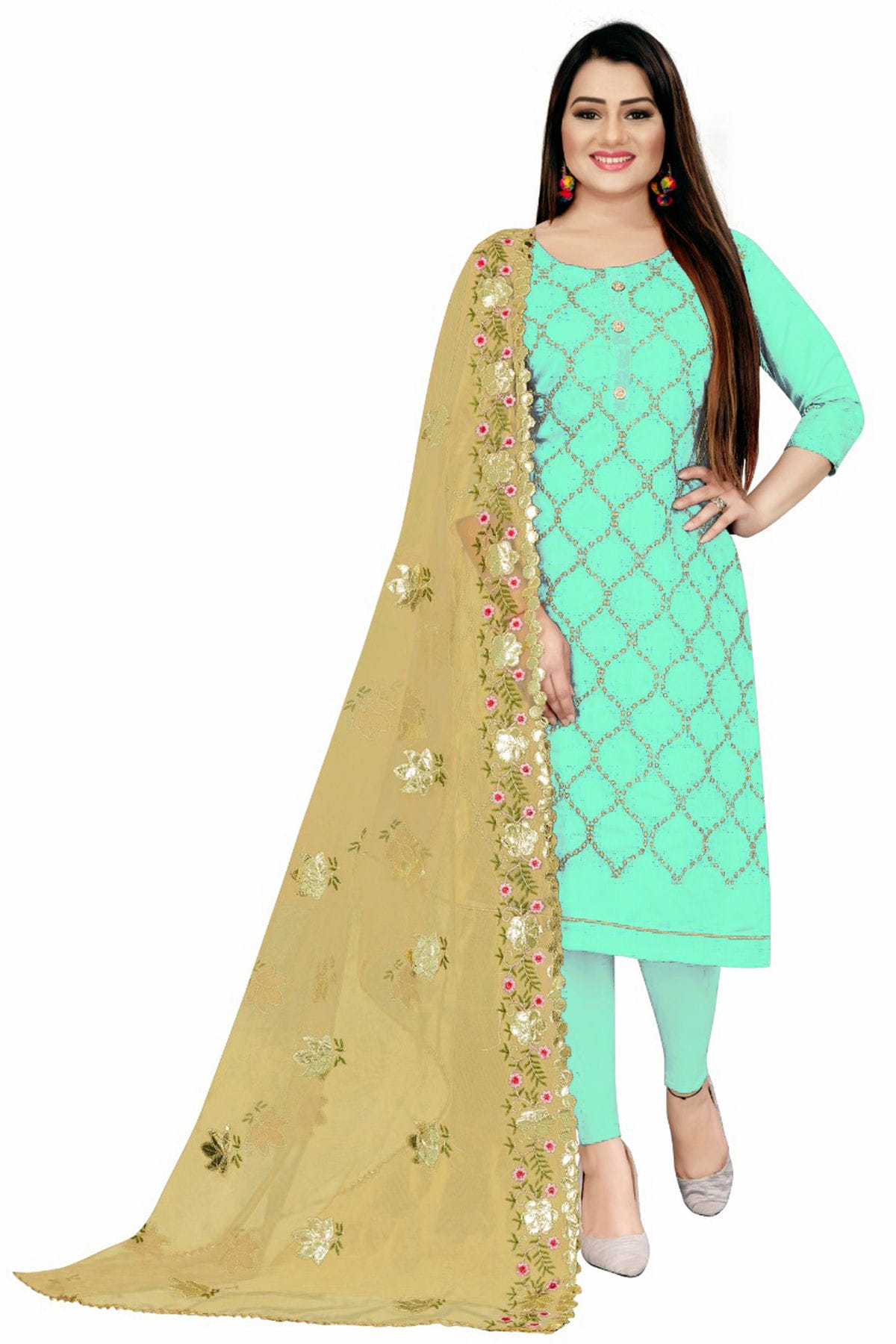 Sea Green Colour Unstitched Chanderi Straight Suit