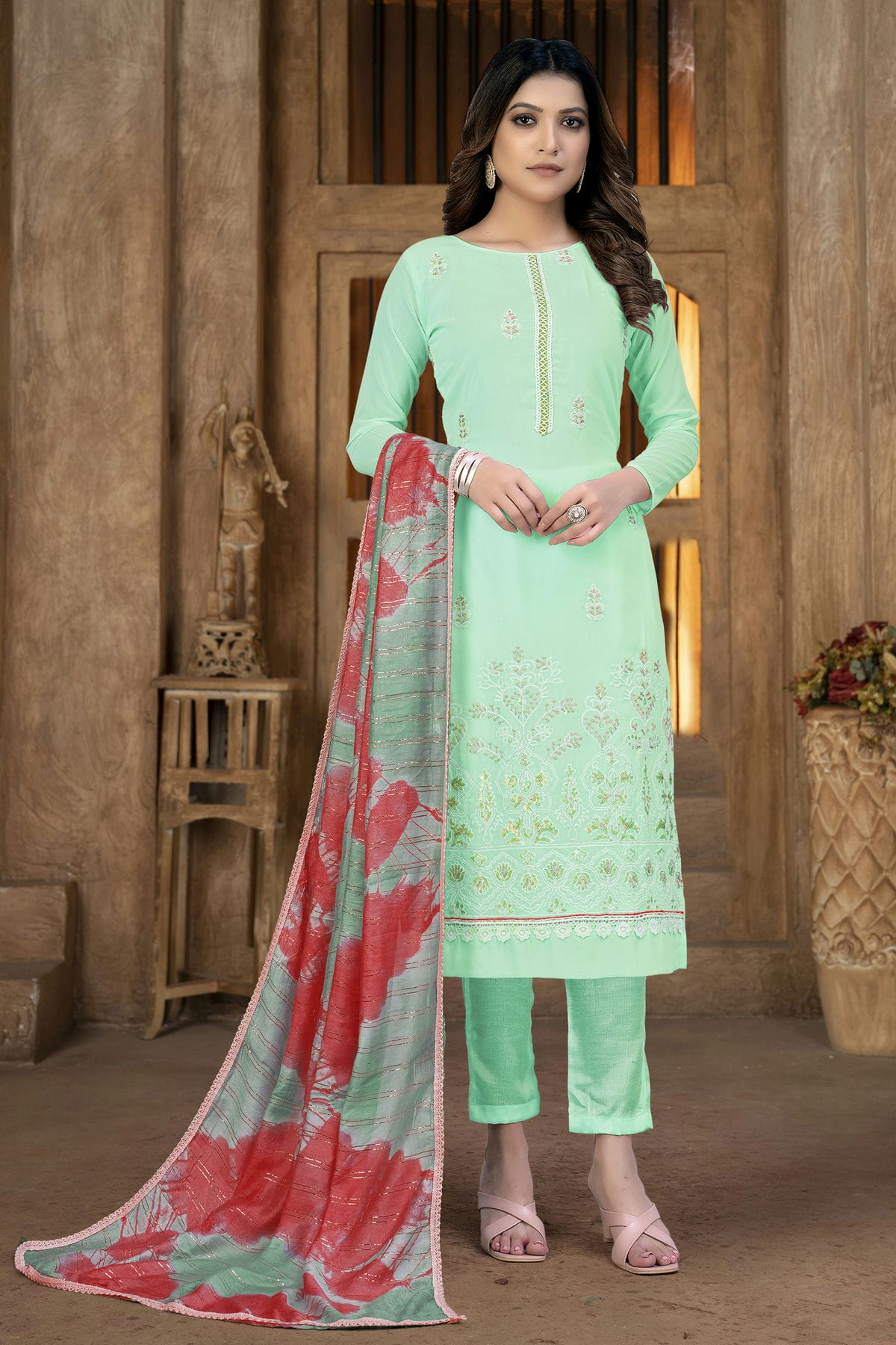 Sea Green Colour Unstitched Georgette Pant Style Suit