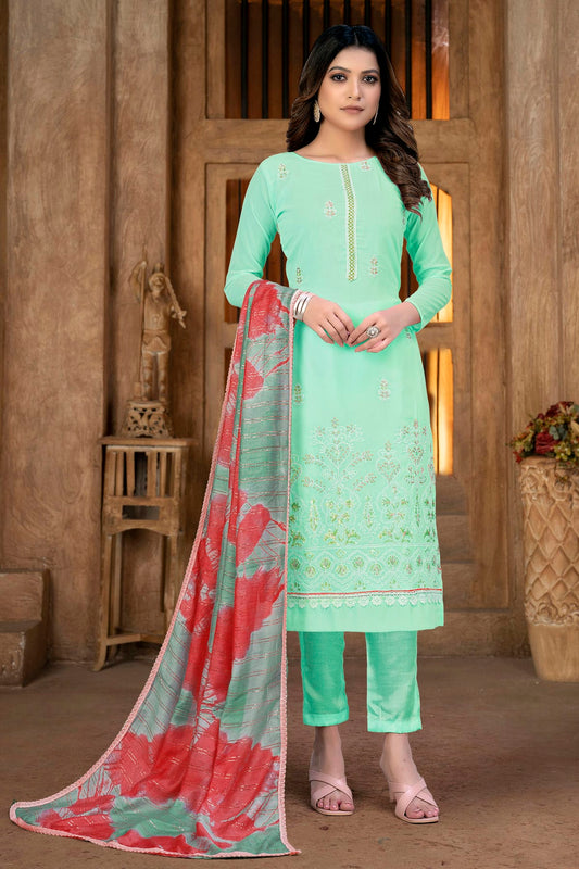 Sea Green Colour Unstitched Georgette Pant Style Suit