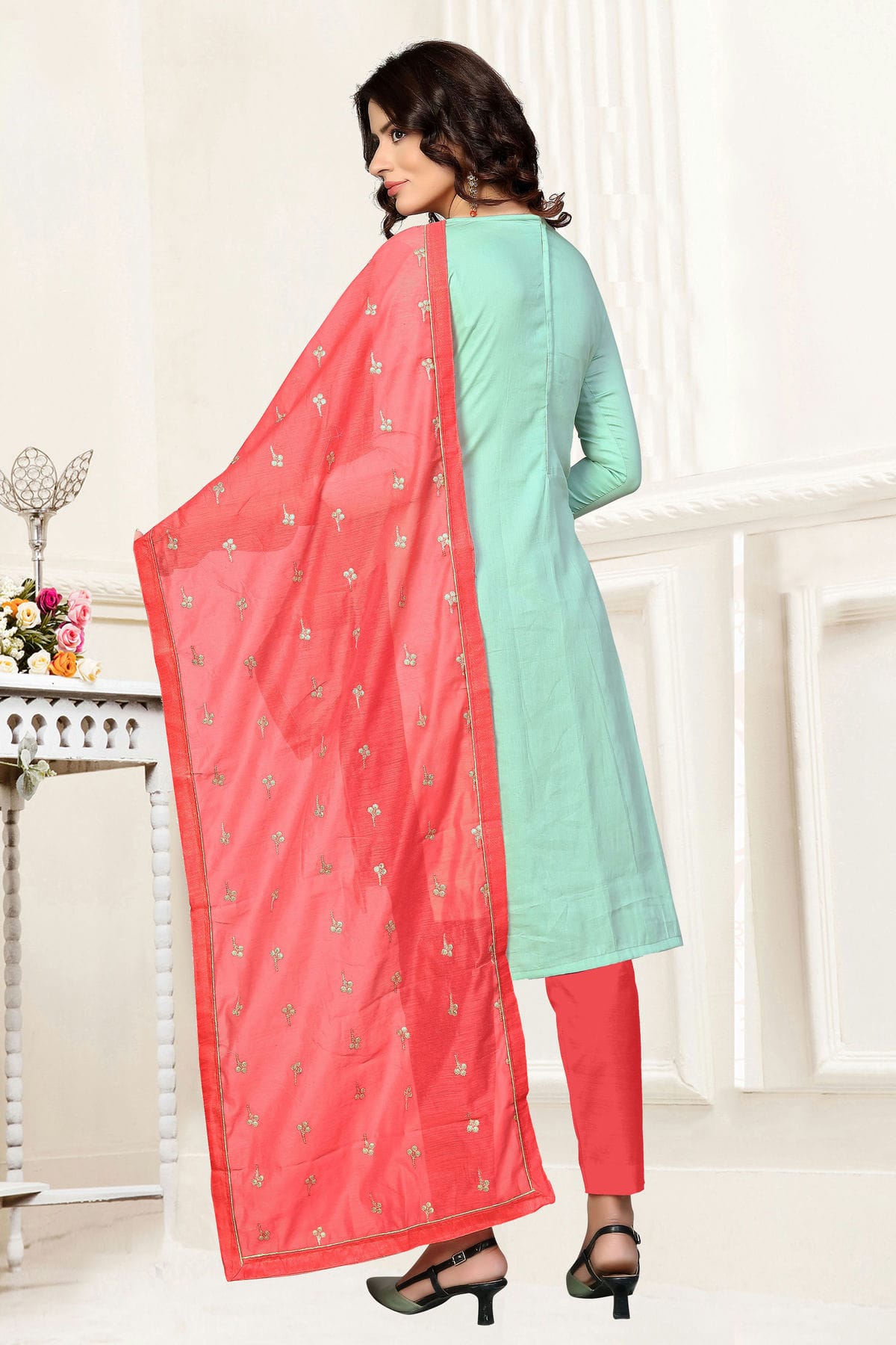 Sea Green Colour Unstitched Glass Cotton Straight Suit