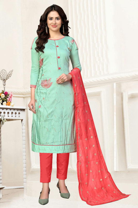 Sea Green Colour Unstitched Glass Cotton Straight Suit