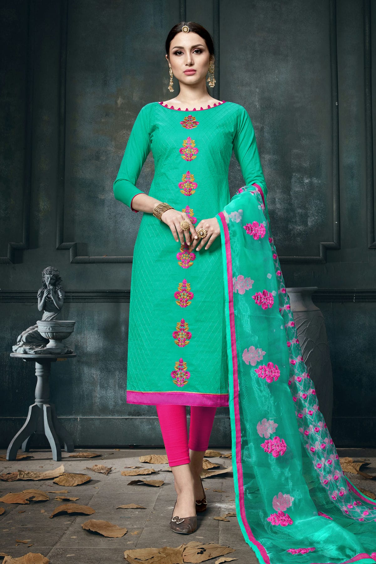 Sea Green Colour Unstitched Jam Cotton Straight Suit