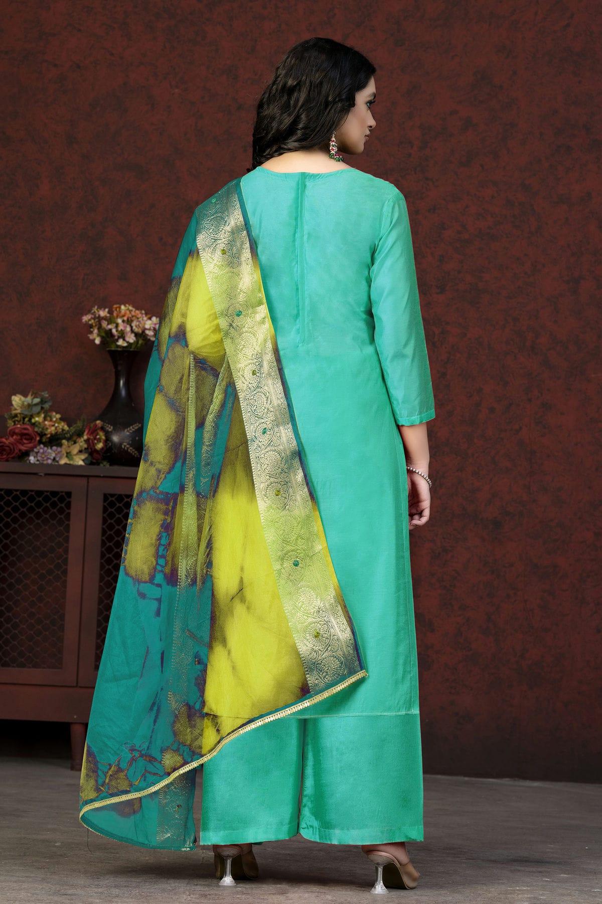 Sea Green Colour Unstitched Modal Chanderi Palazzo Pant Suit