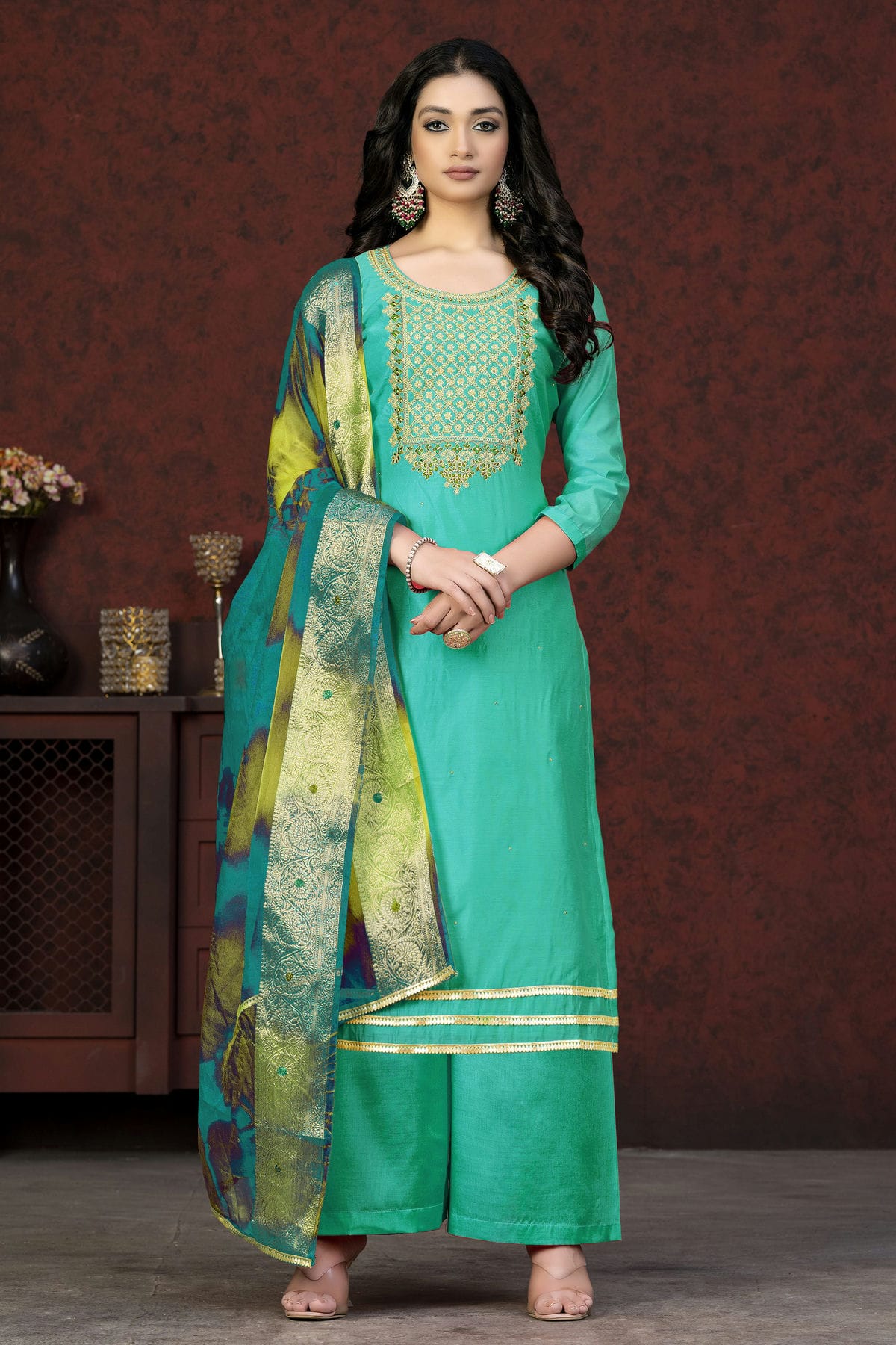 Sea Green Colour Unstitched Modal Chanderi Palazzo Pant Suit