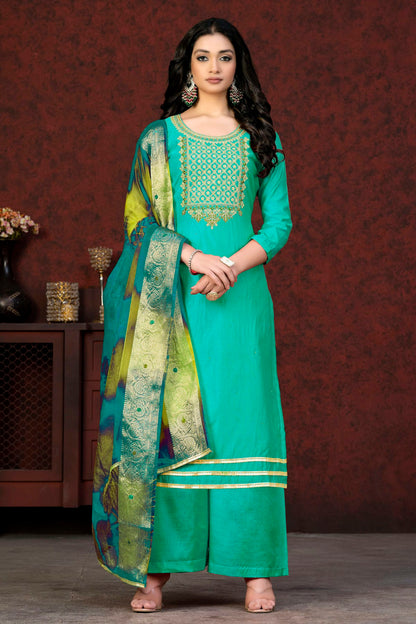 Sea Green Colour Unstitched Modal Chanderi Palazzo Pant Suit