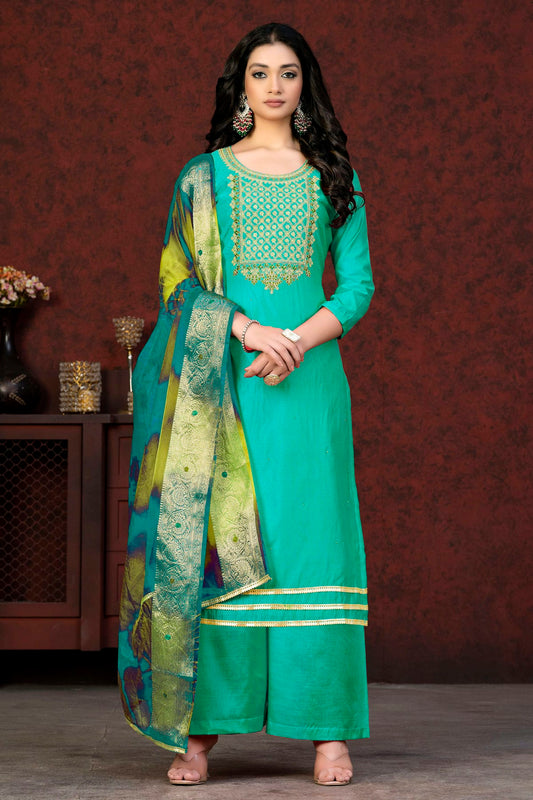 Sea Green Colour Unstitched Modal Chanderi Palazzo Pant Suit