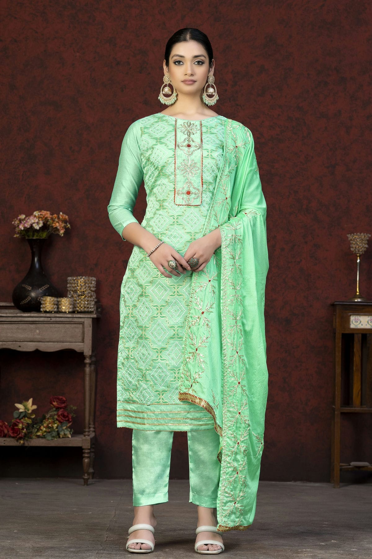 Sea Green Colour Unstitched Modal Cotton Fabric Straight Suit